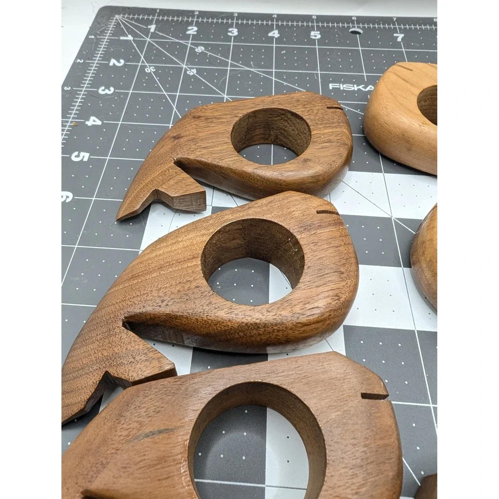 Hand Carved Wood Whale Napkin Rings Set of 8 Coastal Nautical Decor Brown